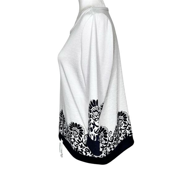 T by Talbots White Navy Floral Paisley Drawstring Hem 3/4 Sleeve Top - Picture 4 of 7
